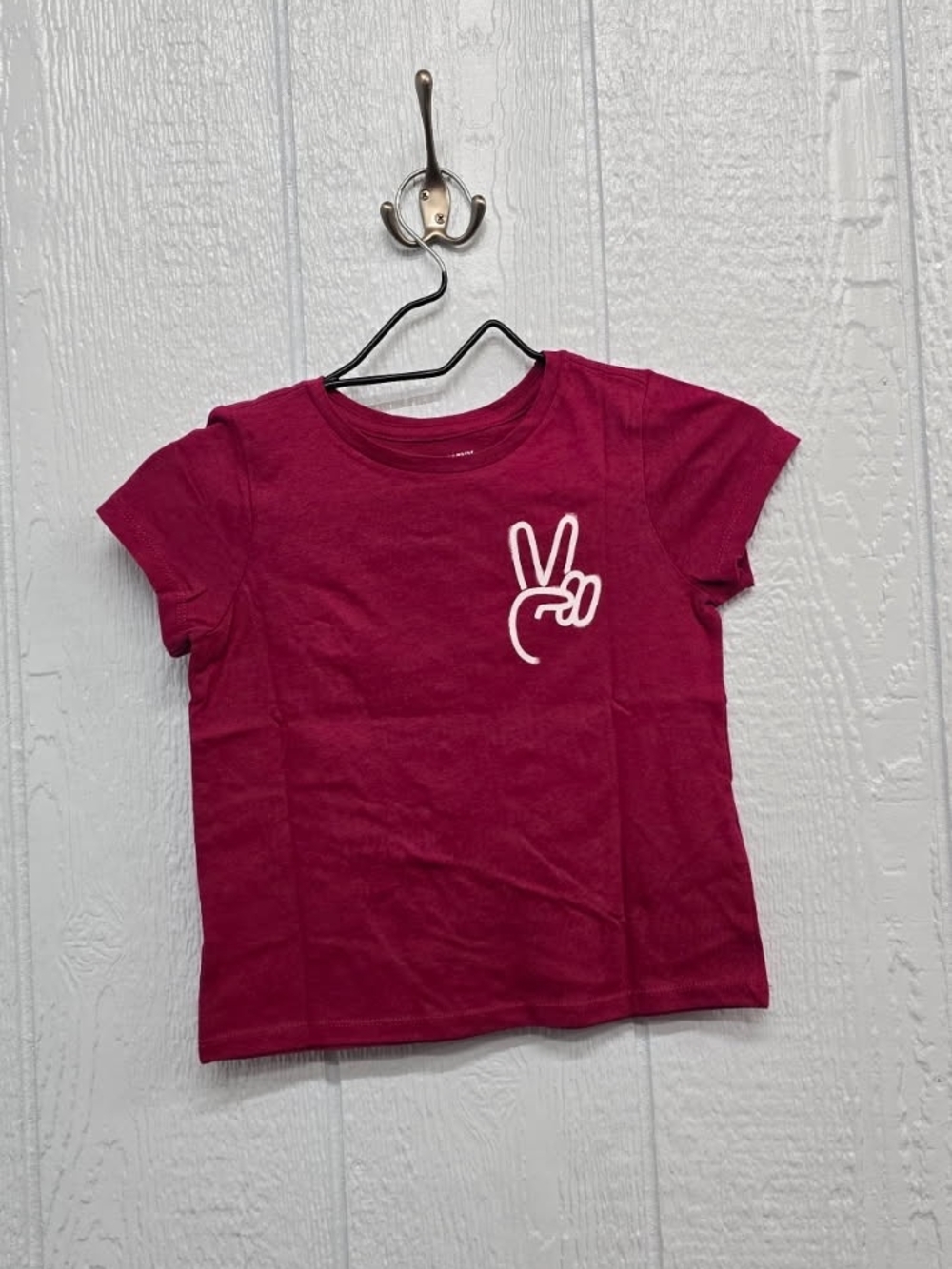 New Small Old Navy Girls' Short Sleeve Tee - Bright Pink with White Peace Hand